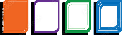 A set of four colorful rounded square panels in orange purple green and blue featuring layered white outlines and bold black drop shadows. This vector graphic is perfect for modern web components 