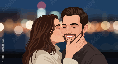 Couple sharing a kiss at night with city lights in the background