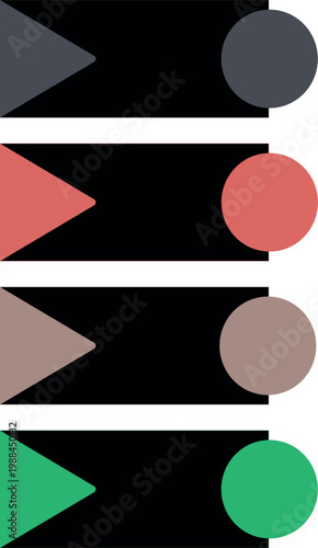 A professional vector set of four dark-toned rectangular banners featuring colorful triangle and circle icons at the ends. These elements are designed for high-contrast presentations data 