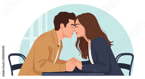 Couple sitting close together at a table sharing a moment in a cafe during daytime