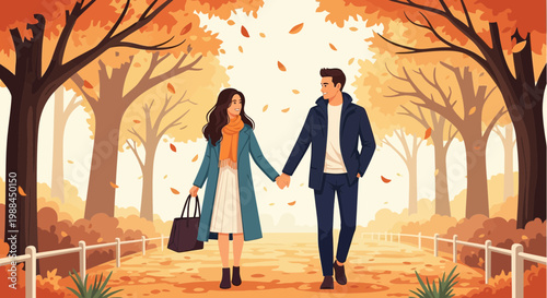 Couple walks hand in hand along a path in a park during autumn season surrounded by colorful leaves