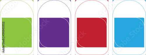 A vector set of four square frames with rounded corners and curved top arch elements styled with thin silver borders. These frames in green purple red and blue offer a sophisticated look for UI design