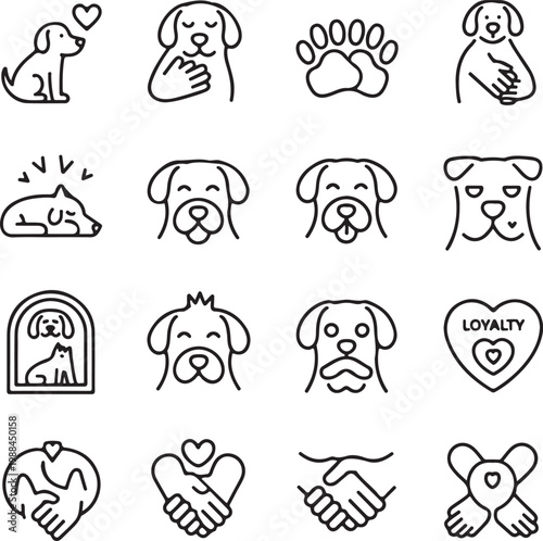 Dog icons set with hearts and hands line