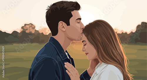 Couple sharing a moment in a grassy field during sunset with warm colors in the background