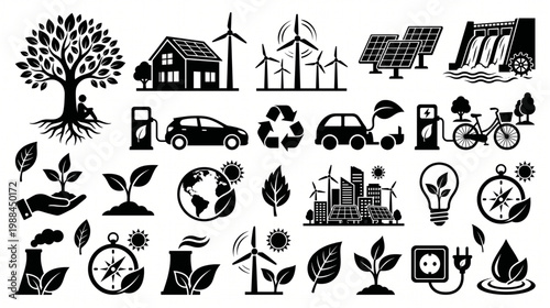 A comprehensive collection of black and white icons representing sustainability, renewable energy, and environmental conservation.