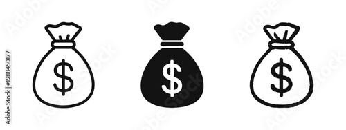 Money Bag Dollar Sign Icon Set - Outline, Glyph, and Hand Drawn Styles