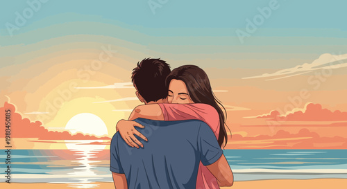 Couple enjoys sunset on beach while embracing each other during warm evening in tropical setting