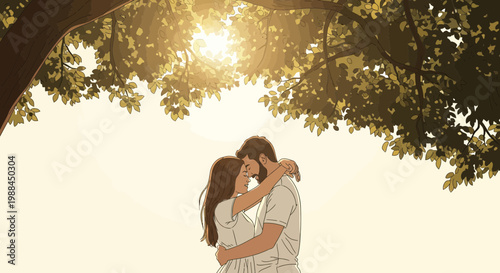 Couple embraces under tree with sunlight shining in the background during a summer evening