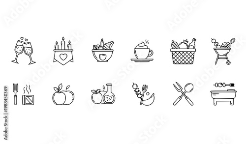 Kitchen utensils and food icons - cooking and dining essentials with food packaging line art flat design kitchen tool utensils essentials chopsticks colander microwave saucepan kitchenware