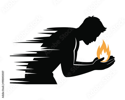 Silhouette of a person holding a flickering flame of fire in cupped hands with motion blur effect