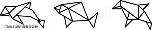 Set of Three Geometric Origami Dolphin and Fish Line Art Vector Icons, Minimalist Polygonal Marine Life Illustrations in Modern Wireframe Style