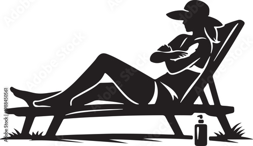 Clean black silhouette of sunbather applying lotion