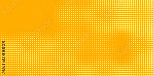 Yellow halftone pattern. Retro comic gradient background. Bright orange pixelated dotted texture overlay. Cartoon pop art faded gradient pattern. Vector backdrop for poster, banner, advertisement