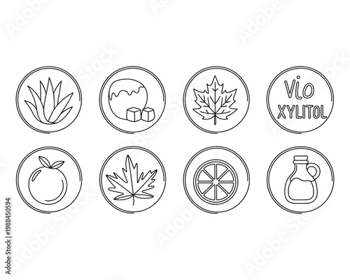 Set of eight circular icons featuring natural ingredients and sweeteners isolated on a transparent background