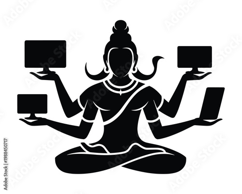 Spiritual multiarmed deity figure holding various computer devices in a meditative pose representing technology integration