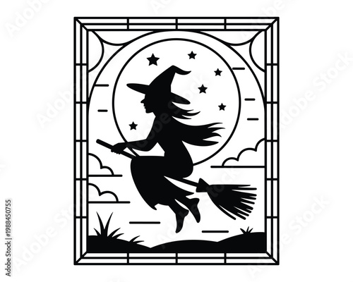 Stylized black silhouette of a witch flying on a broomstick against a moonlit night sky with stars and clouds