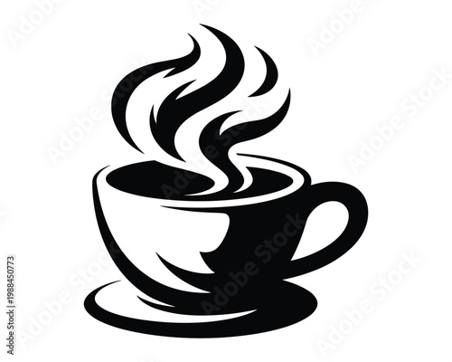 Stylized black and white illustration of a steaming coffee cup and saucer icon isolated on transparent background