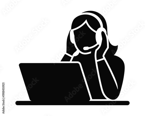 Stylized silhouette of a person wearing a headset with microphone and working on a laptop computer