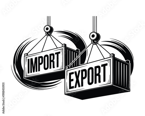 Two shipping containers labeled import and export suspended by crane hooks against a dynamic background
