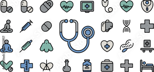 Medical and health icons with pills syringe stethoscope and heart