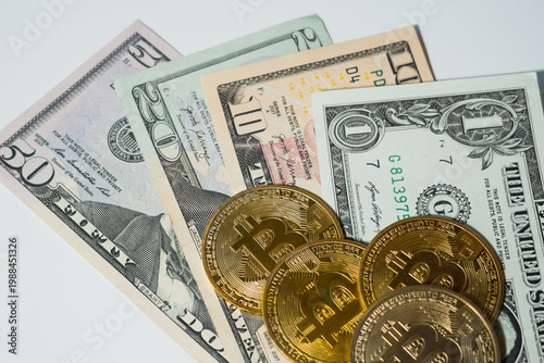 Bitcoin with dollars bills in wallet. Digital crypto coin and cryptocurrency. Investments for the investor. Concept of exchange market and online trading. Trading in bull and bear markets