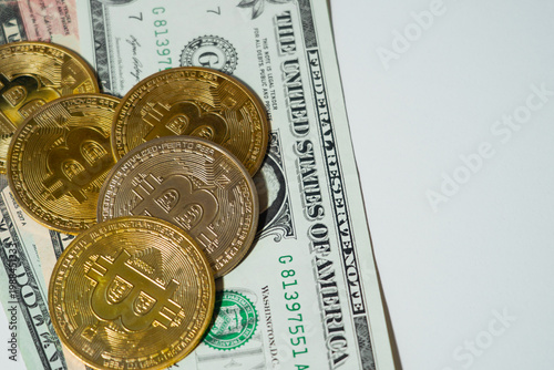 Bitcoin with dollars bills in wallet. Digital crypto coin and cryptocurrency. Investments for the investor. Concept of exchange market and online trading. Trading in bull and bear markets