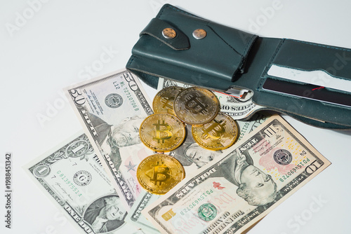 Bitcoin with dollars bills in wallet. Digital crypto coin and cryptocurrency. Investments for the investor. Concept of exchange market and online trading. Trading in bull and bear markets