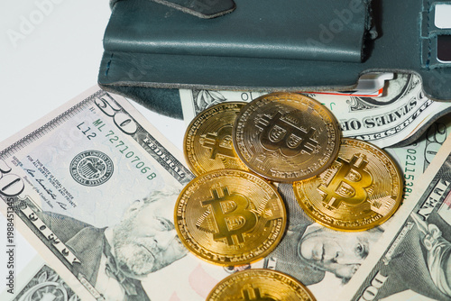 Bitcoin with dollars bills in wallet. Digital crypto coin and cryptocurrency. Investments for the investor. Concept of exchange market and online trading. Trading in bull and bear markets