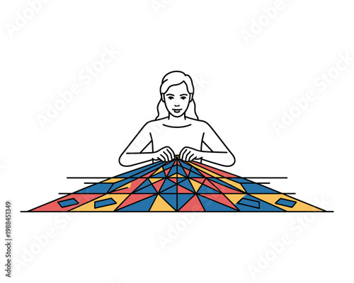Woman hands assembling colorful geometric mosaic artwork with clean white background