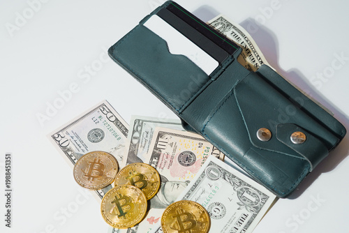 Bitcoin with dollars bills in wallet. Digital crypto coin and cryptocurrency. Investments for the investor. Concept of exchange market and online trading. Trading in bull and bear markets