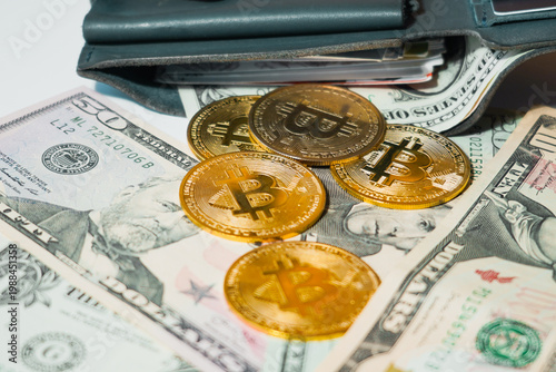 Bitcoin with dollars bills in wallet. Digital crypto coin and cryptocurrency. Investments for the investor. Concept of exchange market and online trading. Trading in bull and bear markets
