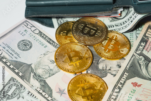 Bitcoin with dollars bills in wallet. Digital crypto coin and cryptocurrency. Investments for the investor. Concept of exchange market and online trading. Trading in bull and bear markets