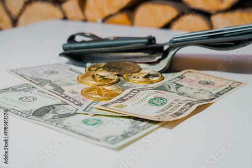 Bitcoin with dollars bills in wallet. Digital crypto coin and cryptocurrency. Investments for the investor. Concept of exchange market and online trading. Trading in bull and bear markets