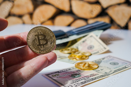 Bitcoin with dollars bills in wallet. Digital crypto coin and cryptocurrency. Investments for the investor. Concept of exchange market and online trading. Trading in bull and bear markets