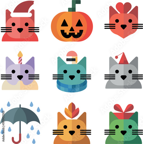 Nine flat vector cat icons with holiday and weather themes