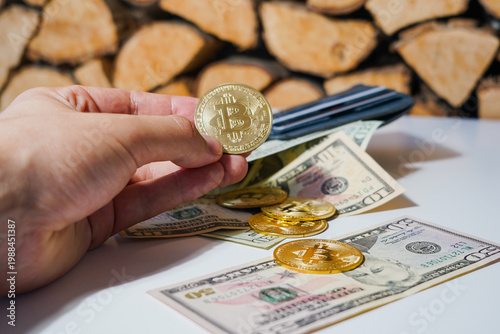 Bitcoin with dollars bills in wallet. Digital crypto coin and cryptocurrency. Investments for the investor. Concept of exchange market and online trading. Trading in bull and bear markets