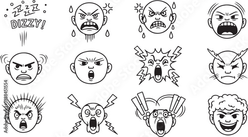 Collection of fifteen cartoon face expression icons showing various emotion like happy, surprised, silly, and goofy