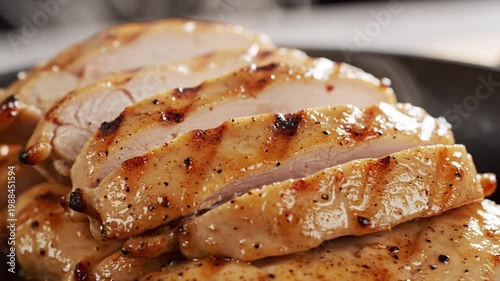 Close up shot of sliced grilled chicken breast with grill marks and steam, ready to eat
