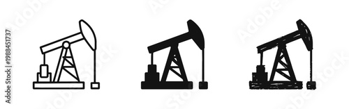Oil Pumpjack Icon Set in Outline, Silhouette, and Sketch Styles for Energy and Petroleum Extraction Industry