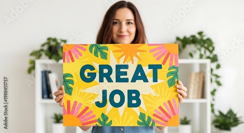 Great Job message on colorful poster held by smiling woman, employee recognition and appreciation concept, positive feedback in modern office