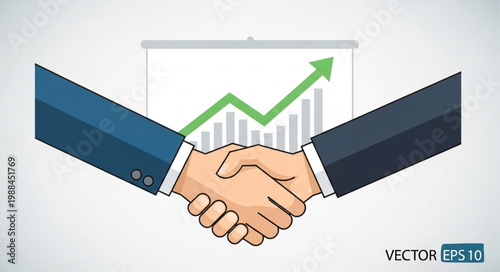 Two businessmen shaking hands in front of a growing financial graph.