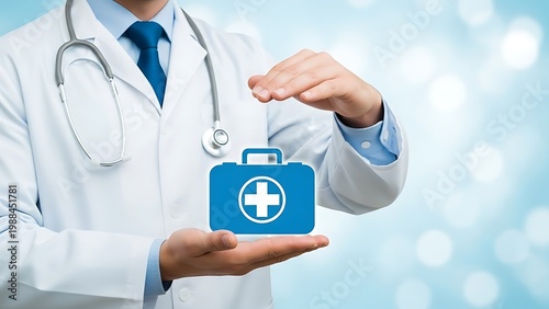 Medical insurance concept with doctor holding first aid kit icon, healthcare professional providing health protection, clinical safety and medical care services