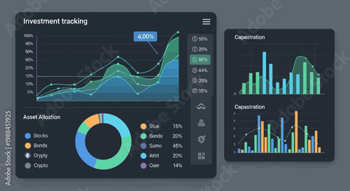 Financial dashboard displaying investment tracking and asset allocation data with various charts and graphs.