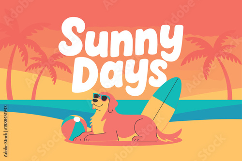 Pink dog with sunglasses and surfboard on beach with text