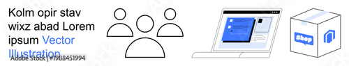 E-commerce, teamwork, online services, digital marketing, retail solutions, collaboration. Group of people icons, laptop with website and a shop box. E-commerce and teamwork concept