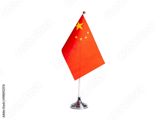 Small chinese flag on a stand: red fabric with yellow stars waving atop a chrome base
