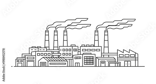 Industrial factory with smoke stacks emitting pollution.