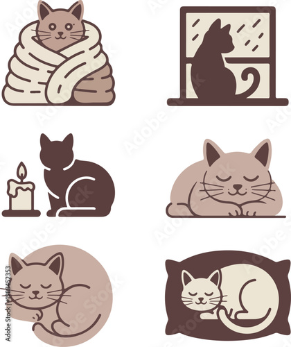 Six cozy cat icons in muted brown and cream colors