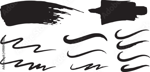 A collection of black vector brush strokes featuring broad highlighter-style marks with rough edges and thin, elegant swooshes.