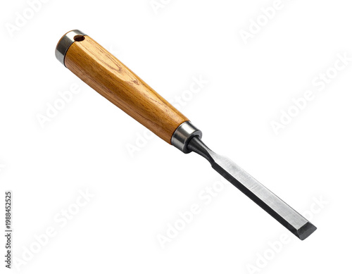 Chisel with wooden handle and metal blade resting at an angle
